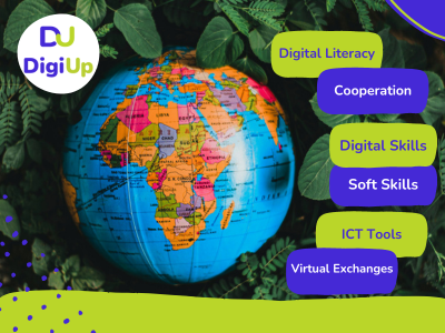 World globe with the main goals of the DigiUp project
